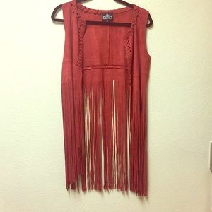 Red faux suede fringe vest